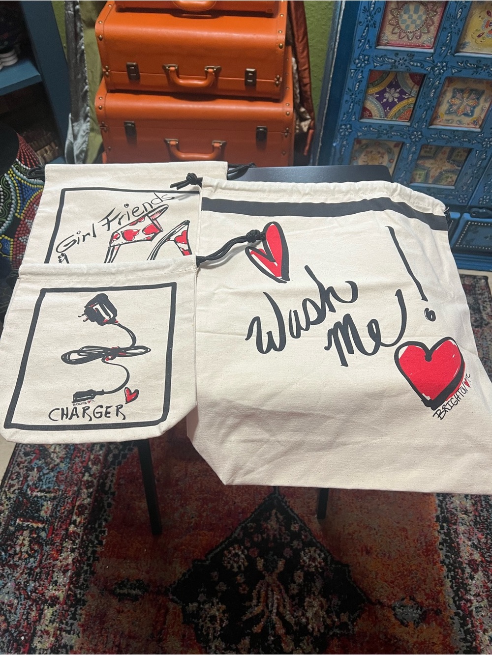 Brighton Cream Canvas Drawstring Bag with Red & Black Heart Graphics